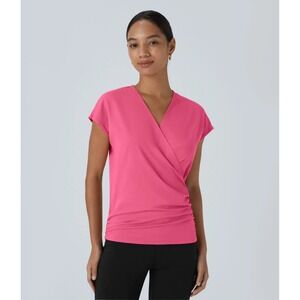 Halara V Neck Cap Sleeve Crossover Top Sz XL Bright Pink Ruched Work Blouse